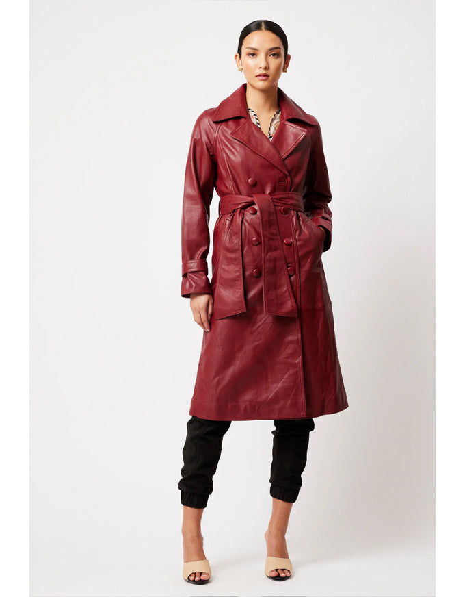 Astra Reglan Sleeve Leather Trench Coat Scarlet