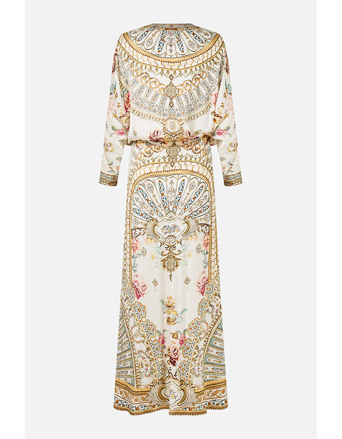Elegant dress with intricate patterns on a white background. Ottoman Dynasty Twist Front Batwing Dress