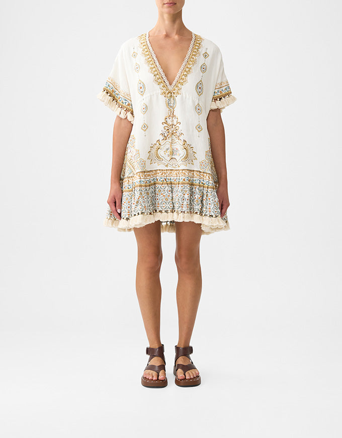 White dress with gold embroidery on a white background. Ottoman Dynasty Short V Neck Embroidered Dress