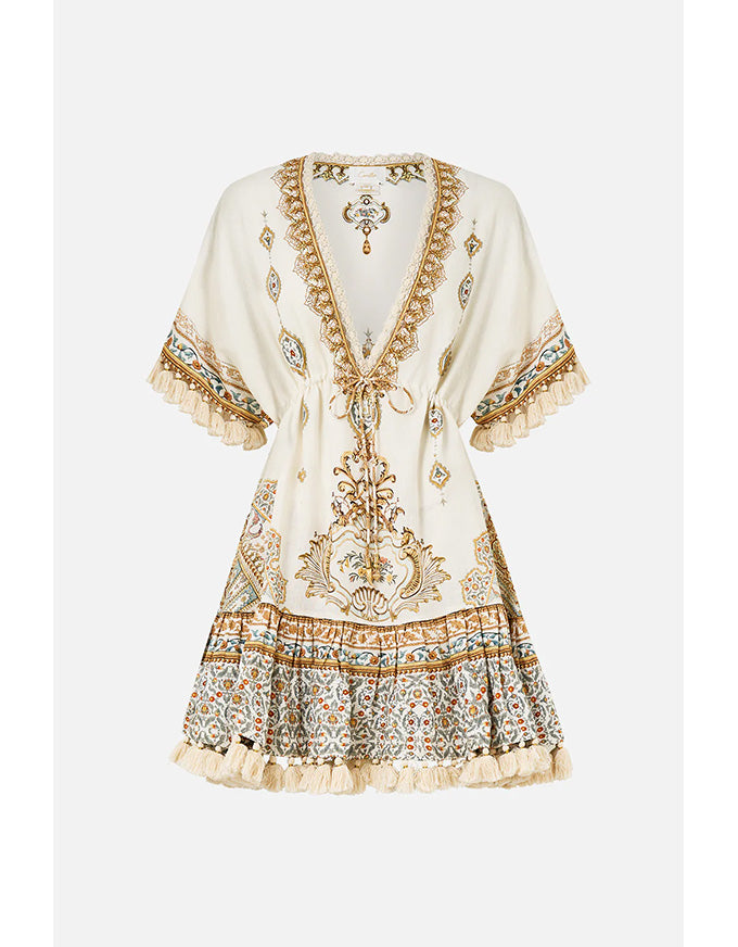 Decorative dress with intricate patterns on a white background. Ottoman Dynasty Short V Neck Embroidered Dress