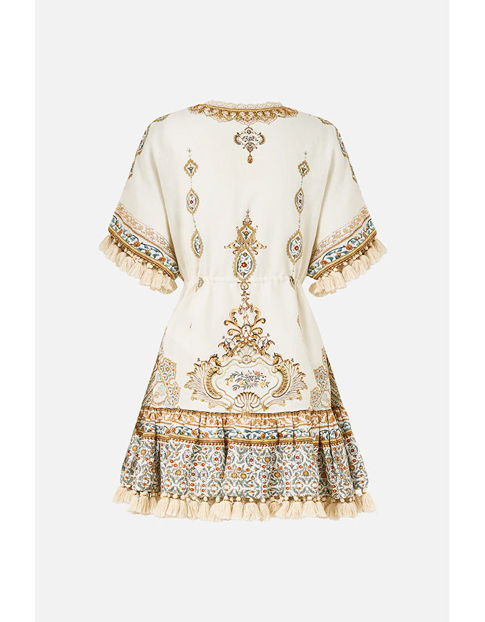Decorative dress with intricate patterns on a white background. Ottoman Dynasty Short V Neck Embroidered Dress