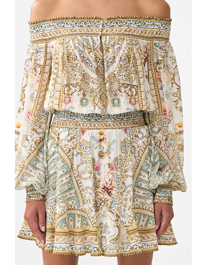 Elegant off-shoulder dress with intricate patterns on a white background. Ottoman Dynasty Off The Shoulder Short Dress