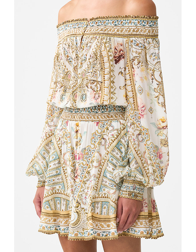 Elegant off-shoulder dress with intricate patterns on a white background. Ottoman Dynasty Off The Shoulder Short Dress