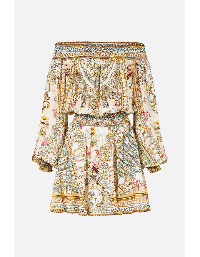 Elegant dress with intricate patterns on a white background. Ottoman Dynasty Off The Shoulder Short Dress