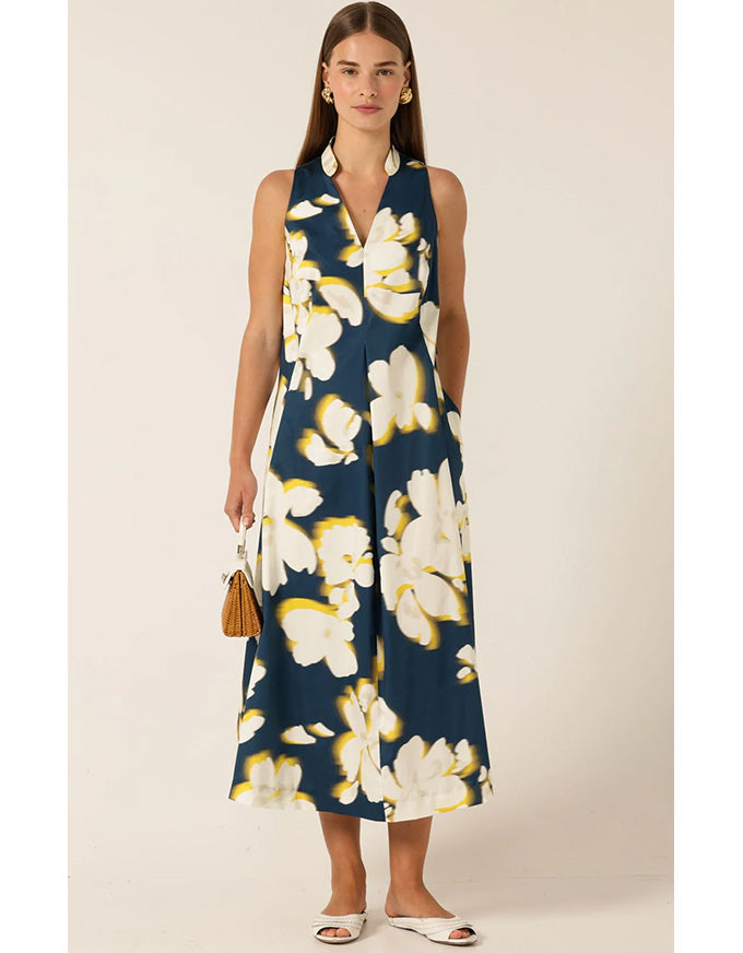 Simone Midi Dress Navy/Yellow/White