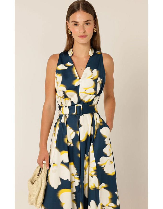 Simone Midi Dress Navy/Yellow/White