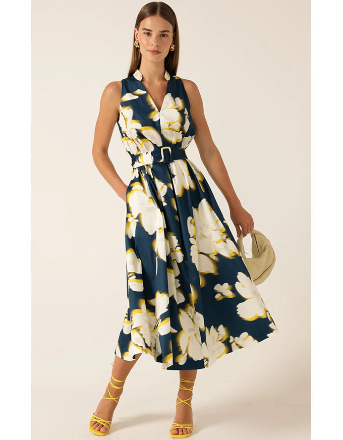 Simone Midi Dress Navy/Yellow/White