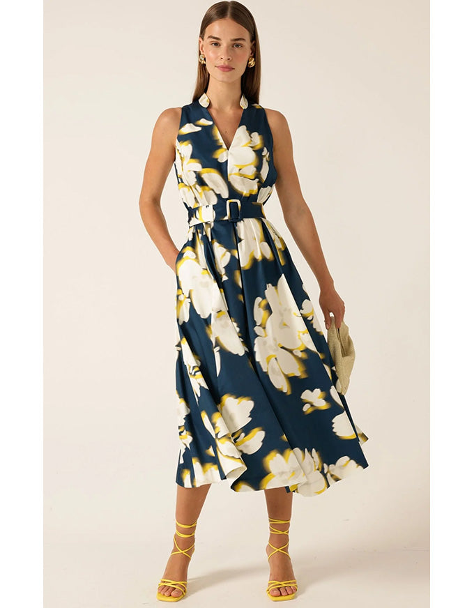 Simone Midi Dress Navy/Yellow/White