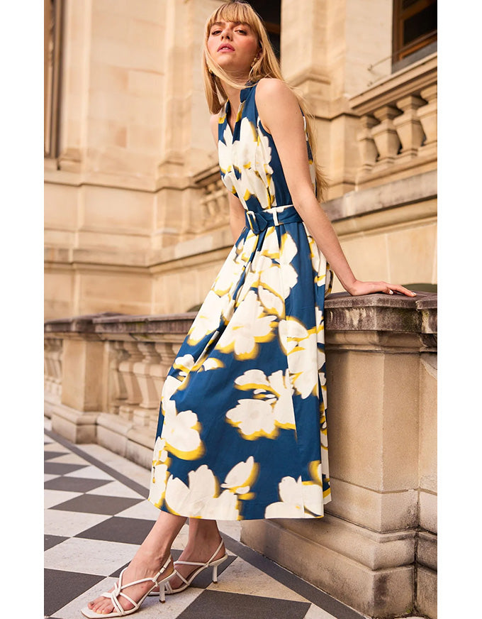 Simone Midi Dress Navy/Yellow/White