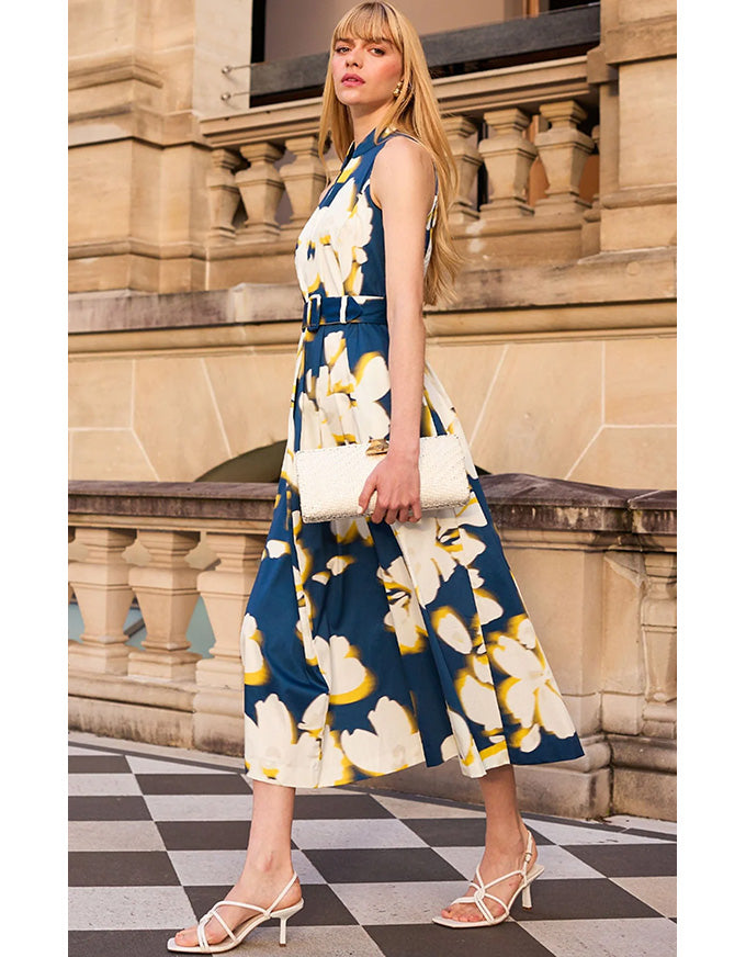 Simone Midi Dress Navy/Yellow/White