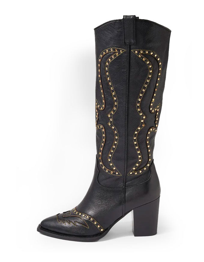 Lurva Black/Gold Leather Knee High Western Boots