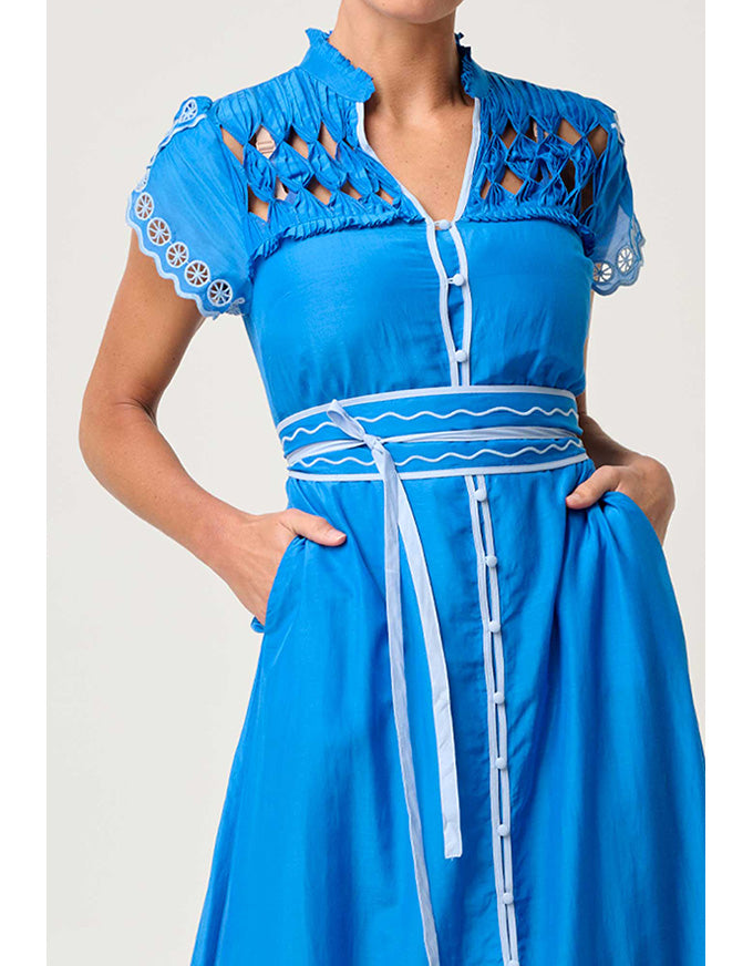 Xanthia Diamond Smock Yoke Dress Blue Topaz