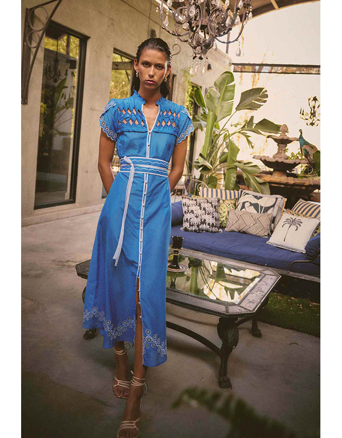 Xanthia Diamond Smock Yoke Dress Blue Topaz