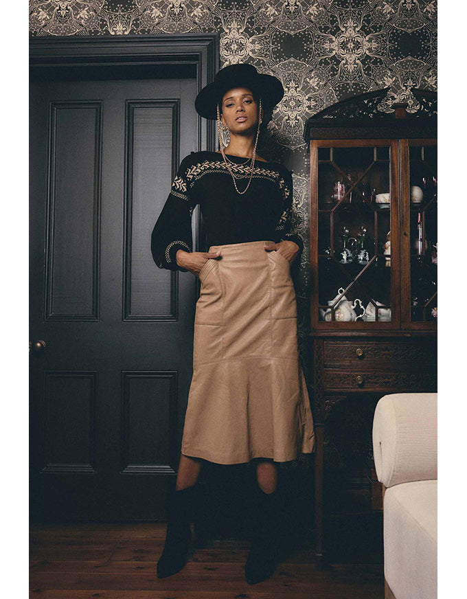 Mabel Leather Curved Tier Skirt Wheat