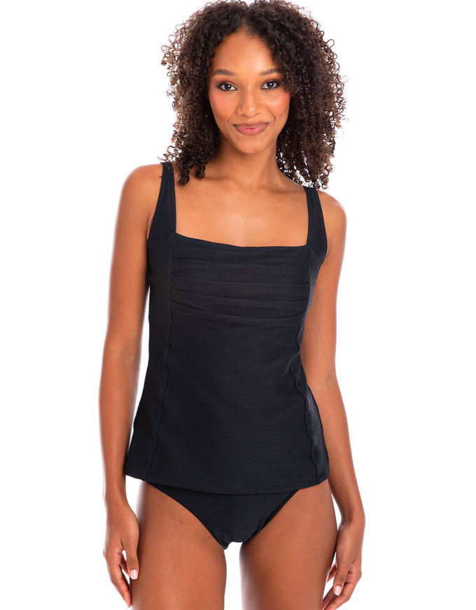 Textured Black Tankini Pleated