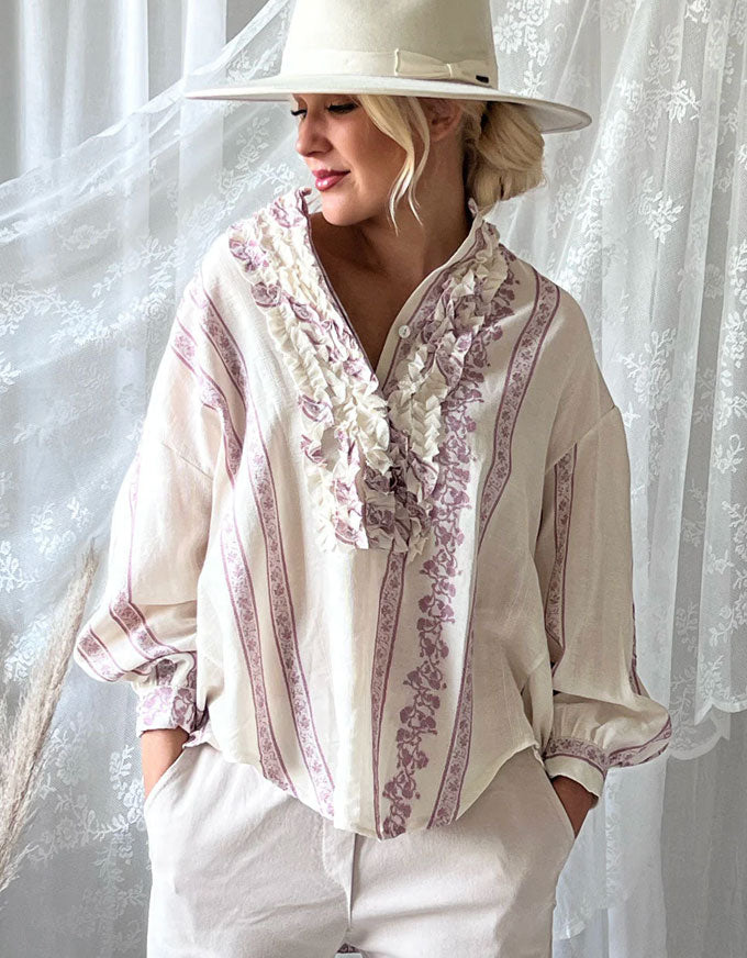 The beautiful Ambrose Blouse in Rose Stripe, from Bohemiana.