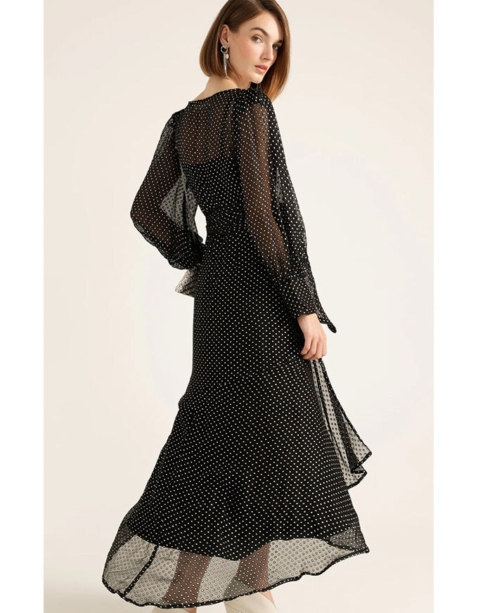 Calais Wrap Dress Black & Cream Spot