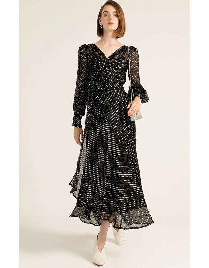 Calais Wrap Dress Black & Cream Spot