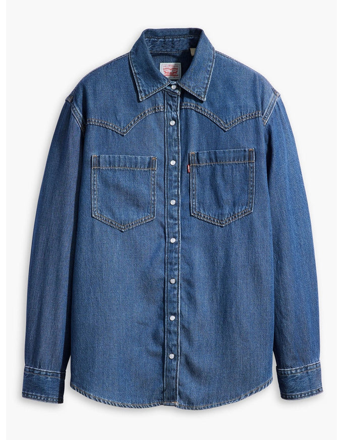 Blue denim shirt on a white background.  Teodora Western Shirt Air Space