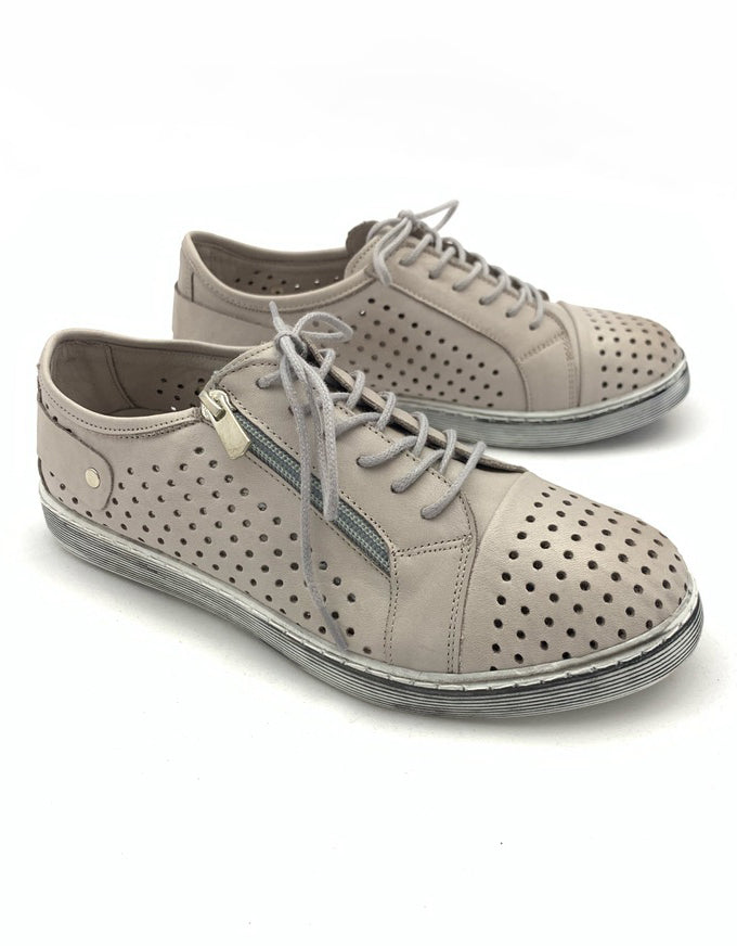 Cabello EG17 - Taupe.  An easy everyday sneaker style, with pin-punched upper, laces and a zip feature.
