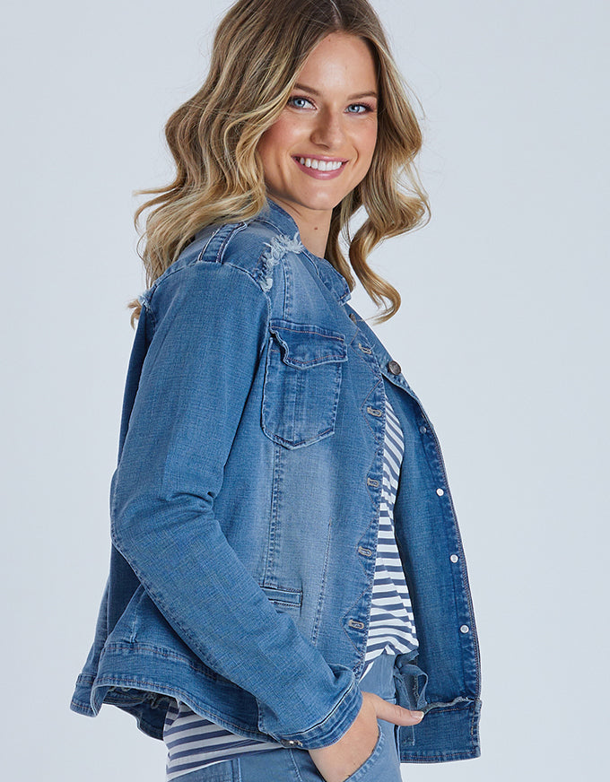 The Military Denim Jacket Denim, from Threadz.