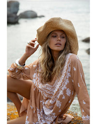 Long Goa Embroidery Cotton Mocha/White