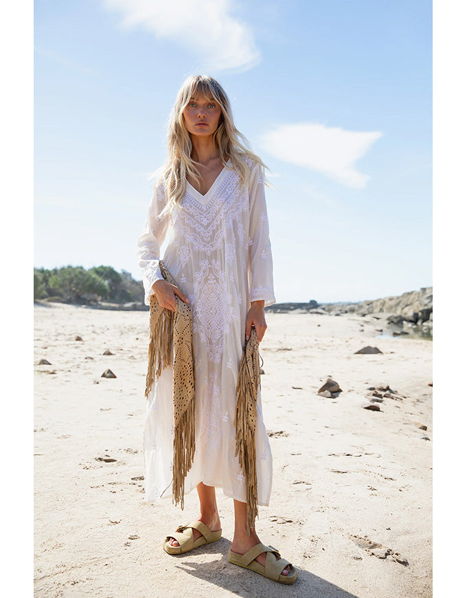 Long Goa Dress Embroidery Cream/White