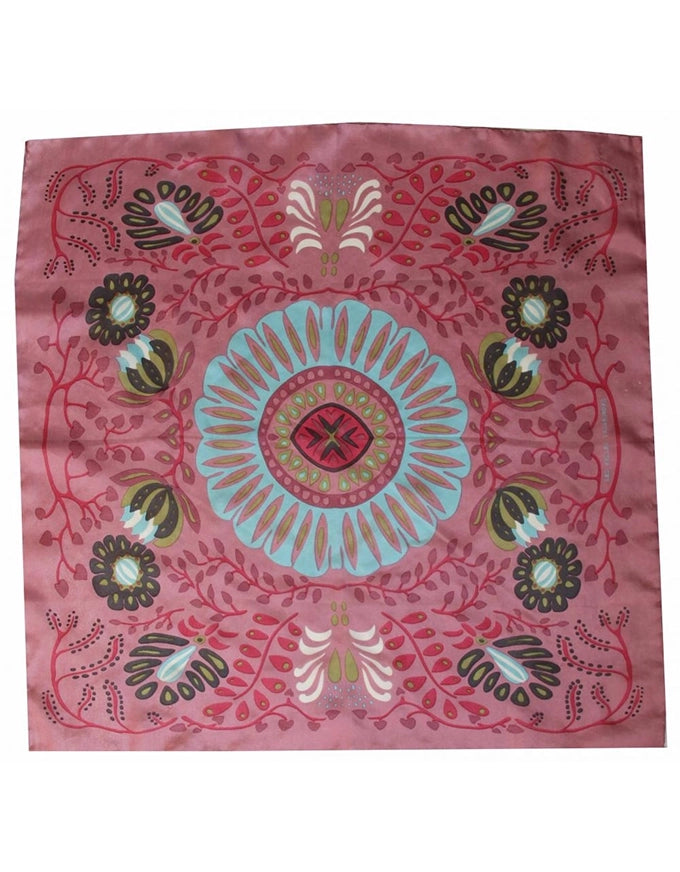Pink bandana with a central blue design and floral patterns on a white background
