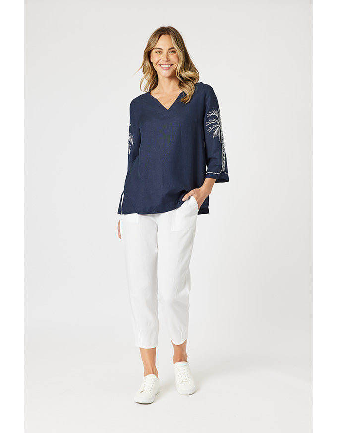 Sarah Linen Pleat Hem Pant White