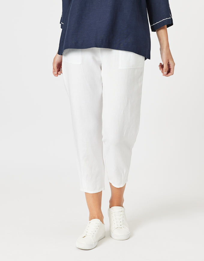 Sarah Linen Pleat Hem Pant White
