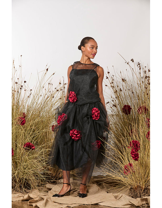 First Sight Top Black W/Red Roses