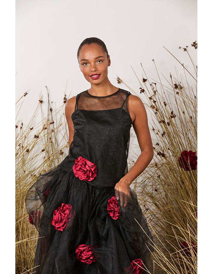 First Sight Top Black W/Red Roses