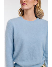 Light blue sweater worn by a person on a white background