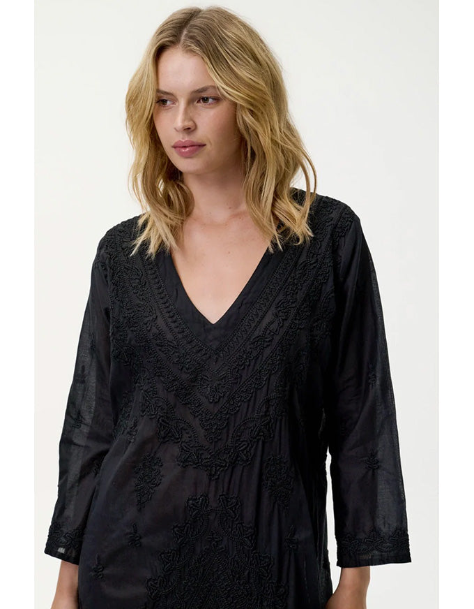 Long Goa Dress Embroidery Cotton Black