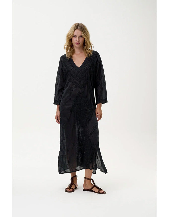 Long Goa Dress Embroidery Cotton Black