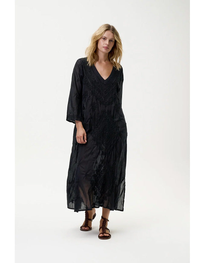 Long Goa Dress Embroidery Cotton Black
