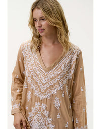 Long Goa Embroidery Cotton Mocha/White