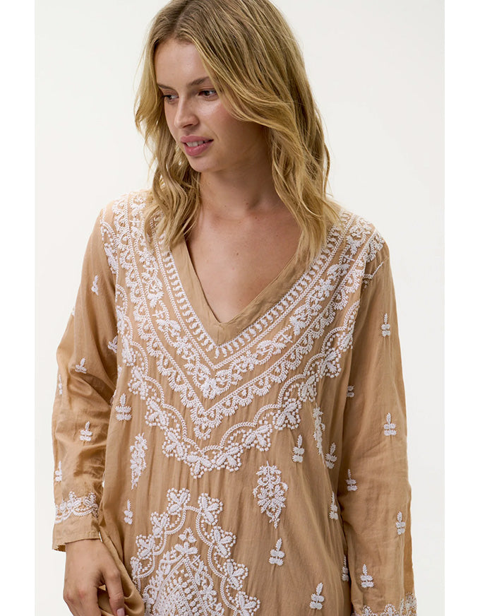 Long Goa Embroidery Cotton Mocha/White