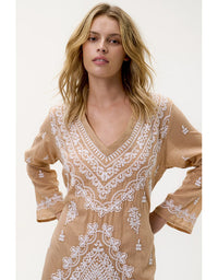 Long Goa Embroidery Cotton Mocha/White