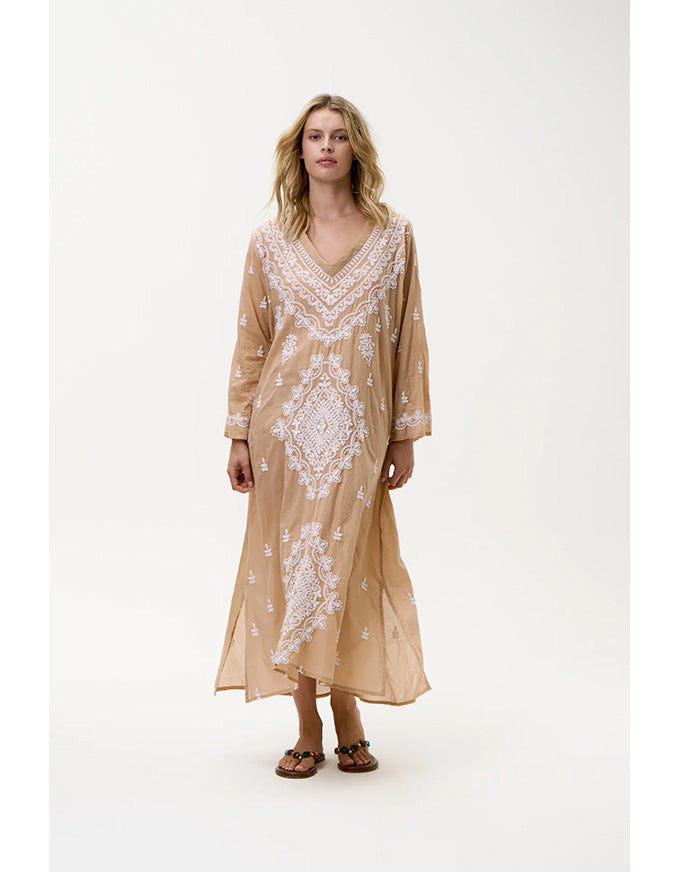 Long Goa Embroidery Cotton Mocha/White