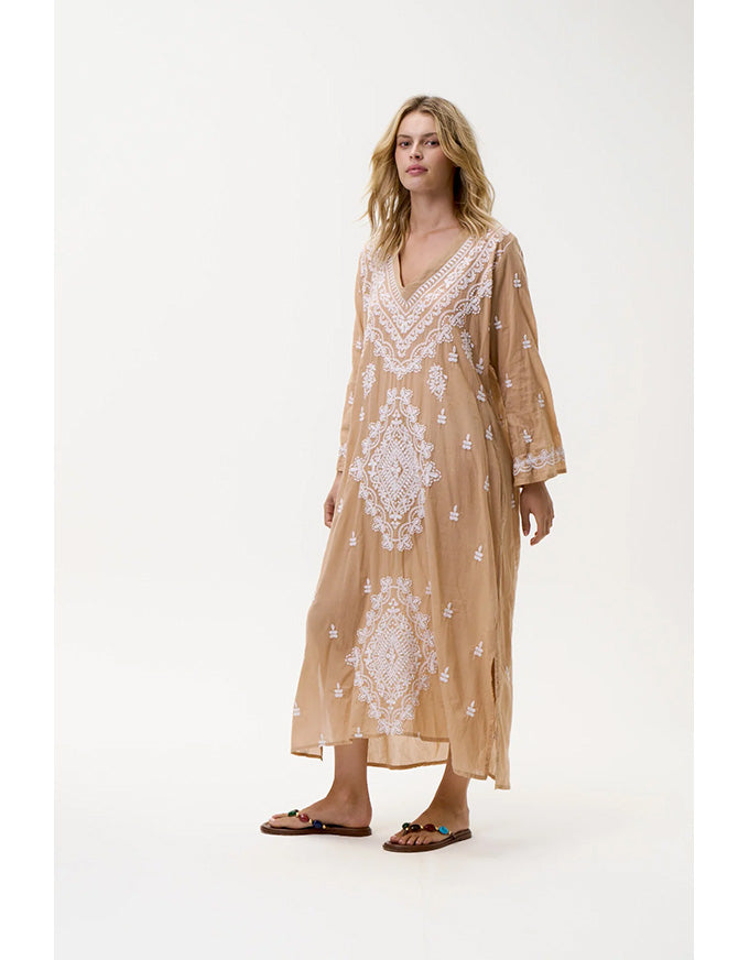 Long Goa Embroidery Cotton Mocha/White