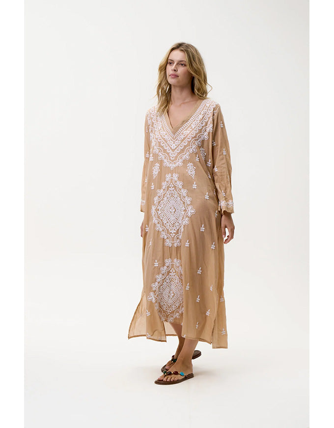 Long Goa Embroidery Cotton Mocha/White