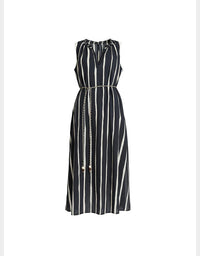 A sleeveless midi dress with vertical black and white stripes, featuring a tie-neck design, a matching fabric belt, and a decorative gold-tone chain detail.