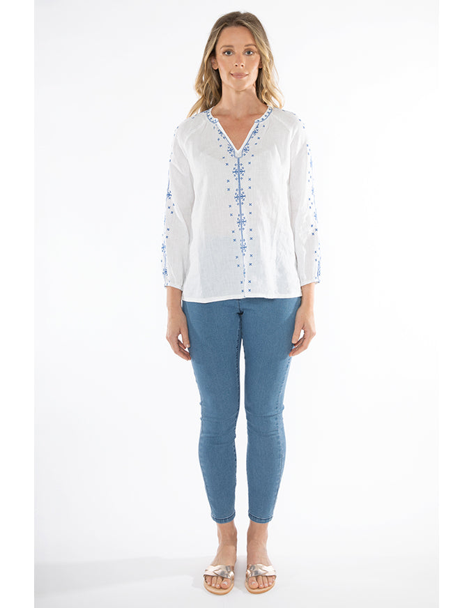 Embroidered Linen Top White