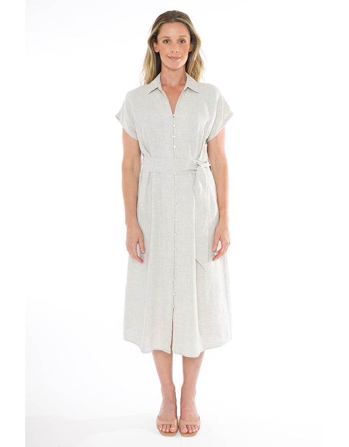 Short Sleeve Belted Linen Dress in Flax