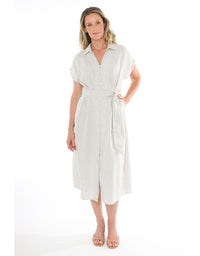 Short Sleeve Belted Linen Dress in Flax