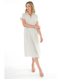 Short Sleeve Belted Linen Dress in Flax