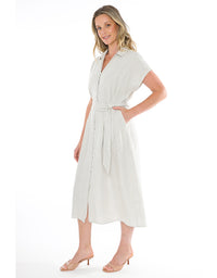 Short Sleeve Belted Linen Dress in Flax