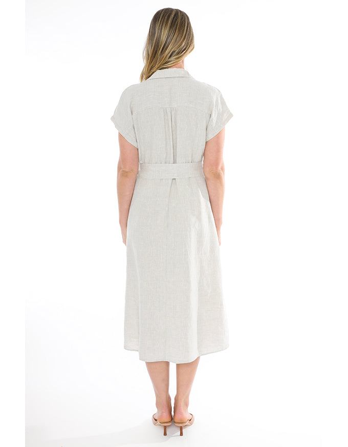 Short Sleeve Belted Linen Dress in Flax