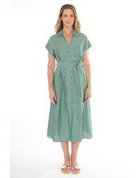 Short Sleeve Belted Linen Dress in Honeydew